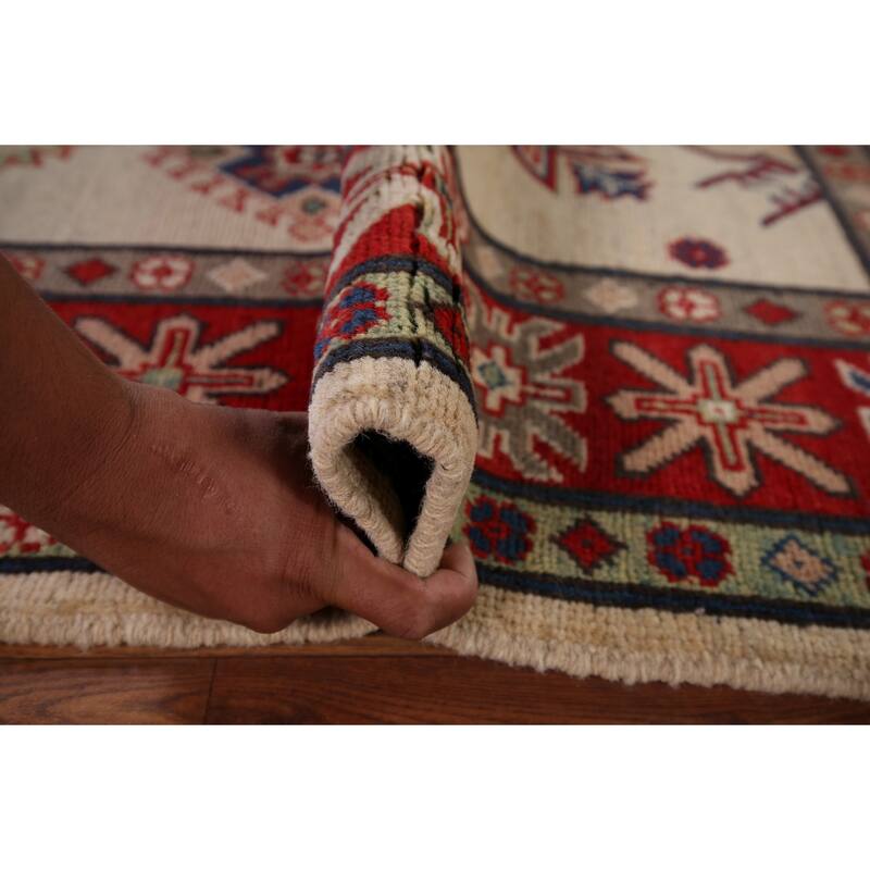 Beige / Ivory Geometric Kazak Rug Hand-Knotted Wool Carpet - 5'2" x 6'9"