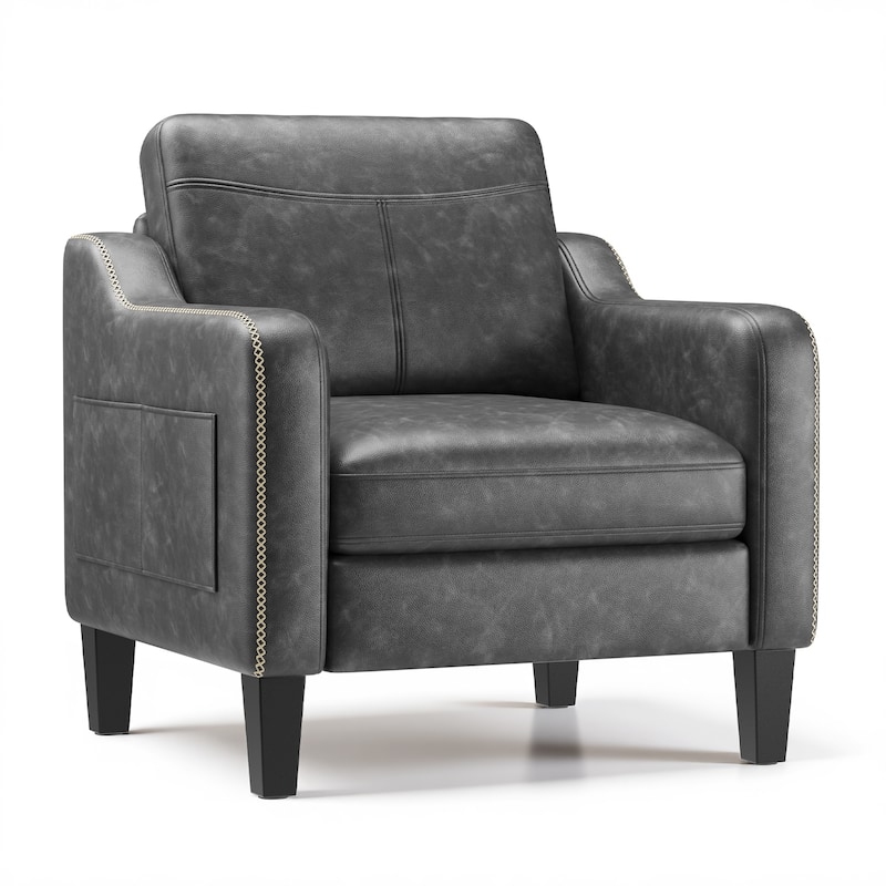 Modern Accent Chair PU Leather Mid-Century Design Removable Cushions Living Room - Black