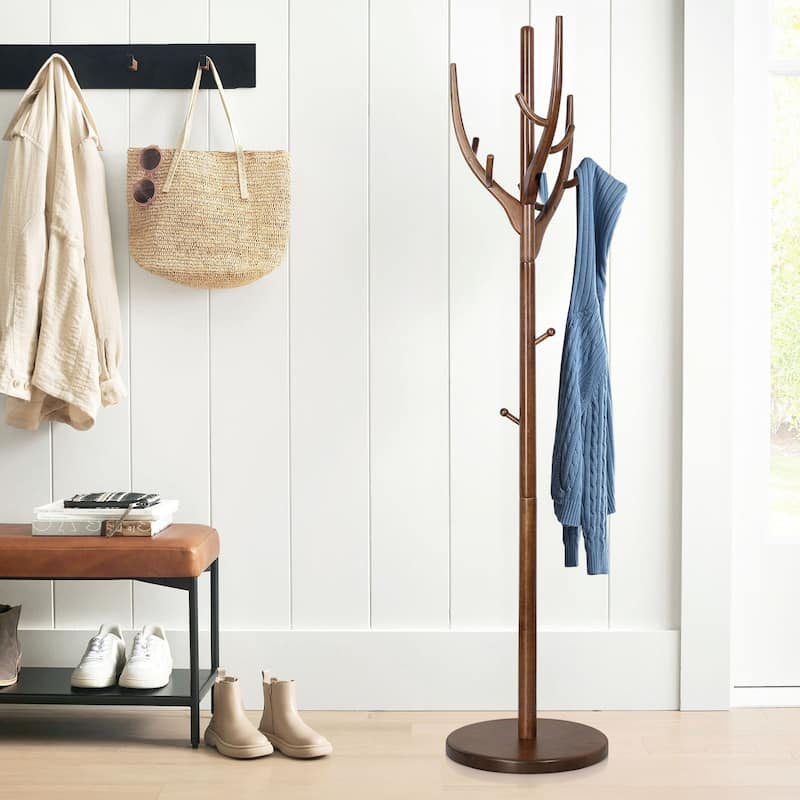 Adjustable Tree-branch Coat Rack Freestanding, Rubberwood Coat Tree - 16.54"Dia. x 71.65"H