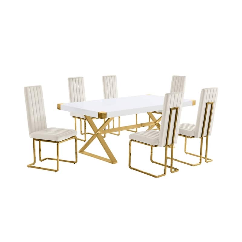 Best Quality Furniture D440/1-SC340-7 Dining Set with 78" White Lacquer Wood Top