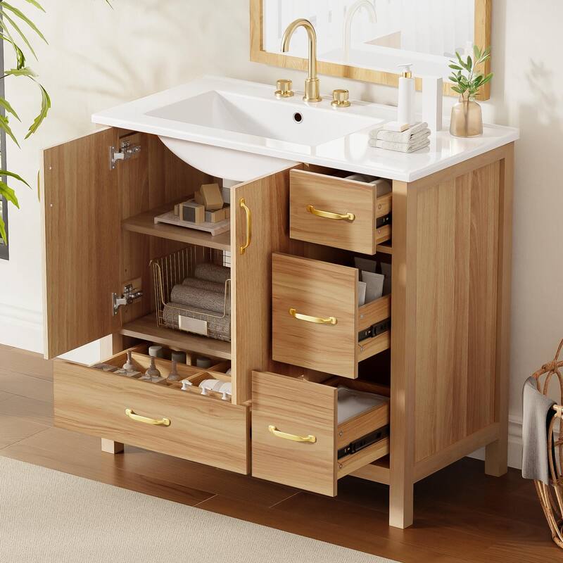 Roomfitters 36" Bathroom Vanity with Ceramic Sink, Solid Wood Frame, 2 Soft-Close Doors, 4 Drawers and Adjustable Shelf, Wood
