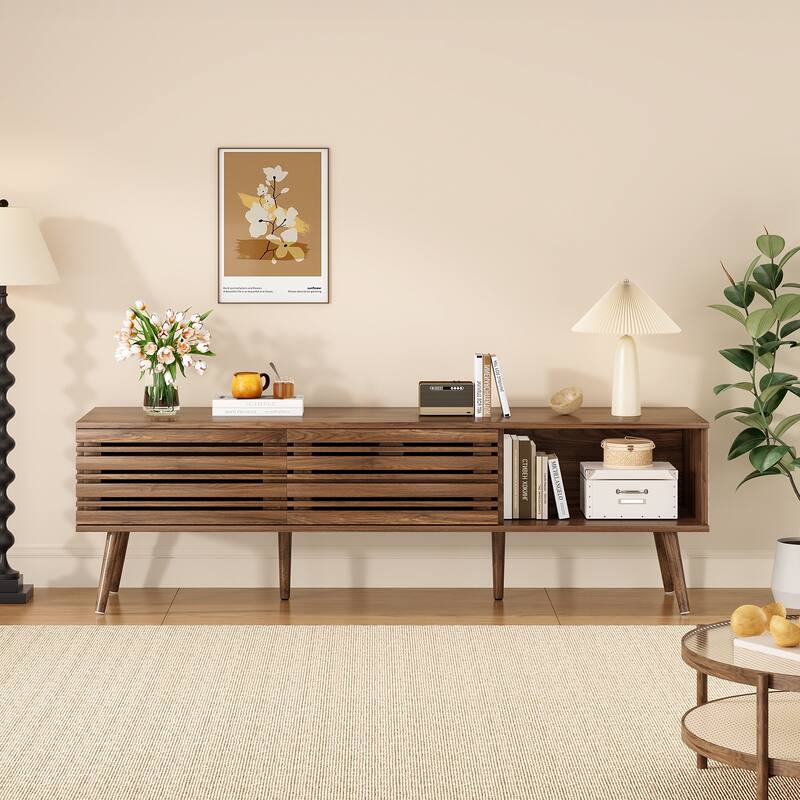 Mid Century Modern TV Stands for up to 70" TV with Storage, Fluted Wood TV Stand for Living Room, Boho Media Console