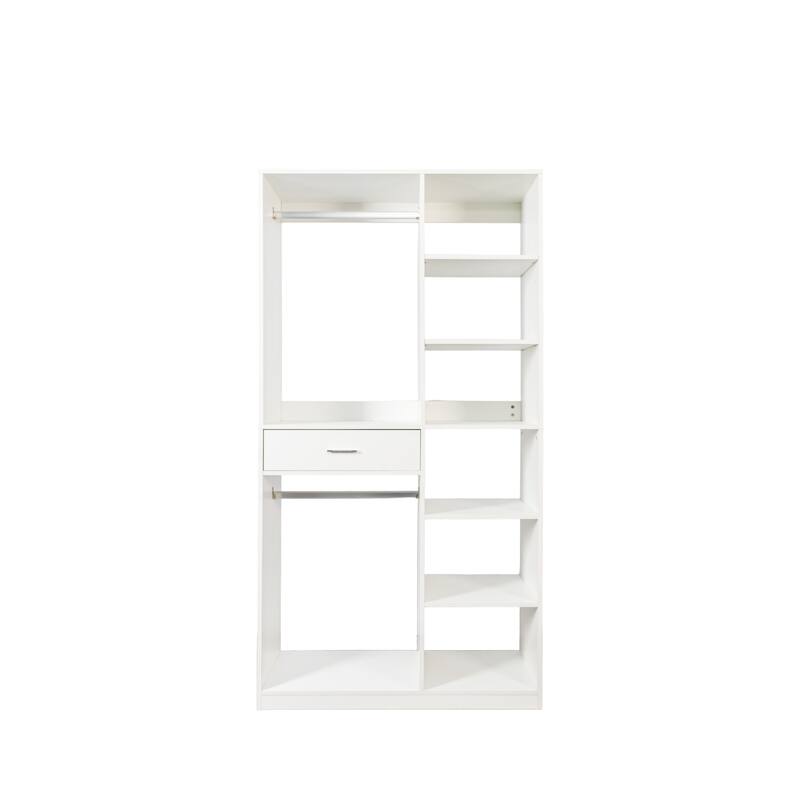 Freestanding Closet Wood Walk-in Closet Open Wardrobe Movable Cabinet with 6 Open Shelves Drawers and 2 Hanging Rod for Bedroom