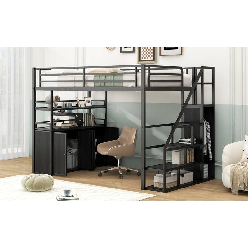 Full Size Metal Loft Bed with Storage Staircase, Wardrobe, Shelves and Lockers