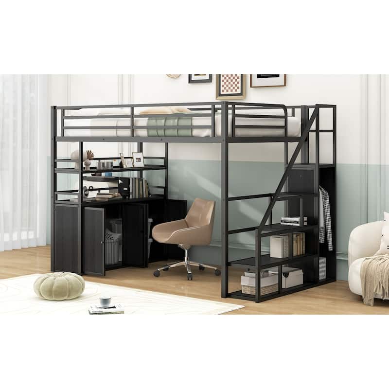 Metal Loft Bed with Storage Staircase and Wardrobe,Shelves and Lockers - Black