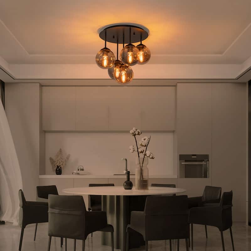 5 Lights Semi-Flush Mount Ceiling Light Smoky Gray&Amber Glass Globes - Dia.17.32-in