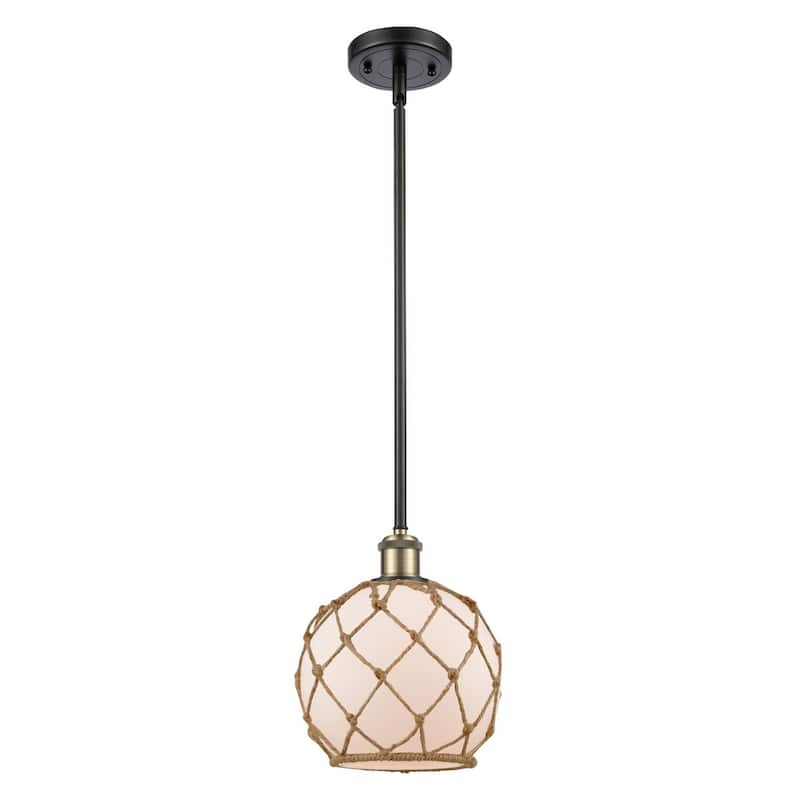 Innovations Lighting Farmhouse Rope 8" Wide Mini Pendant - Black Antique Brass / White Glass with Brown Rope