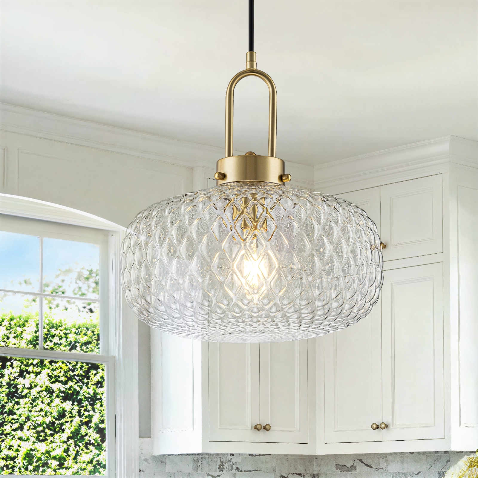 1-Light Gold Diamond Textured Glass Pendant Light - 11.81"