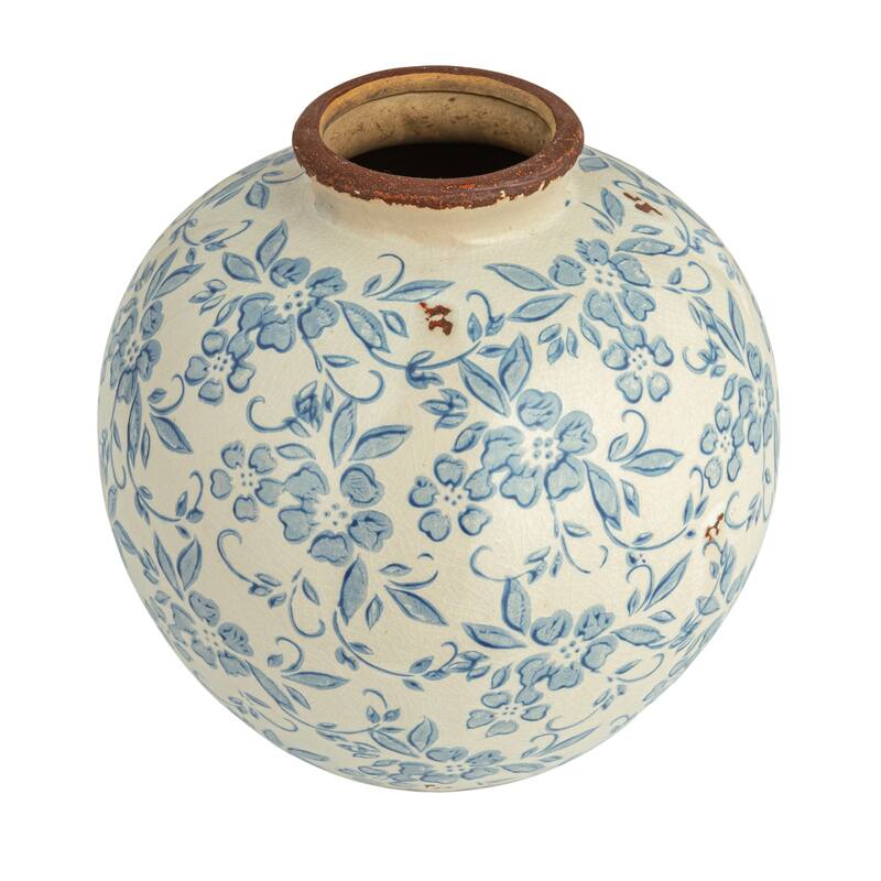 Decorative Terra-cotta Vase with Transferware Pattern