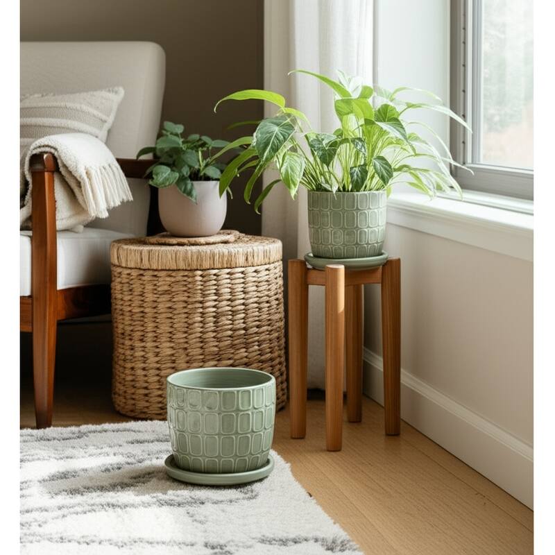 Stoneware Saucer Planters with Embossed Geometric Texture (Set of 2) - Green - 8" x 8" x 7"