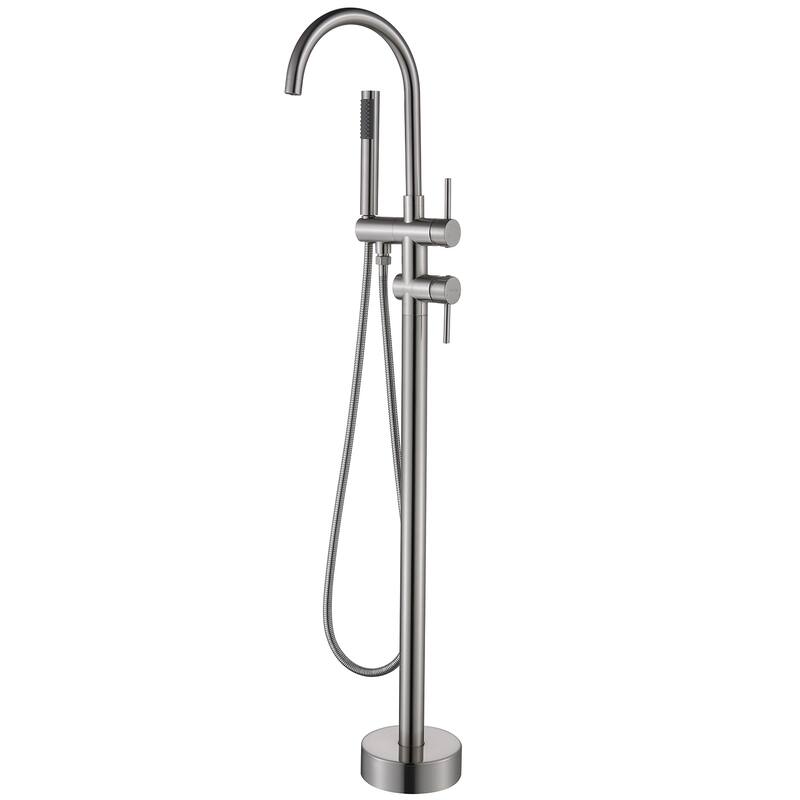 Modern 2-Handle Floor Mounted Freestanding Tub Filler with Handheld Showerhead in Black and Silver