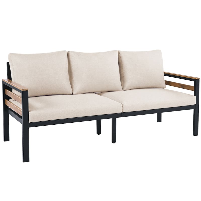 Roomfitters 4-Piece Outdoor Patio Furniture Set with 3-Seater Sofa, 2 Armchairs and Coffee Table, Wood Accents