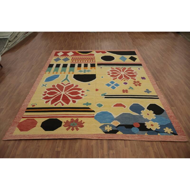 Hand Woven Oriental 100% Wool Carpet Southwestern Tribal Yellow & Gold Kilim Area Rug - 13' 0'' X 10' 2''