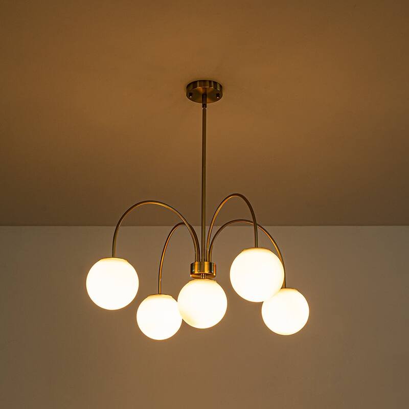 Modern 5-Light Curved Arm Opal Glass Globe Sputnik Chandelier 30in