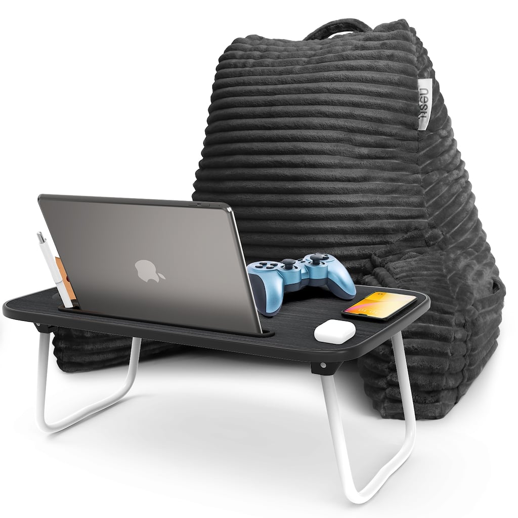 Empyrean Cut Plush Reading Pillow with Portable Lap Desk Stand for Laptop - Shredded Memory Foam Back Support Bed Rest Pillow