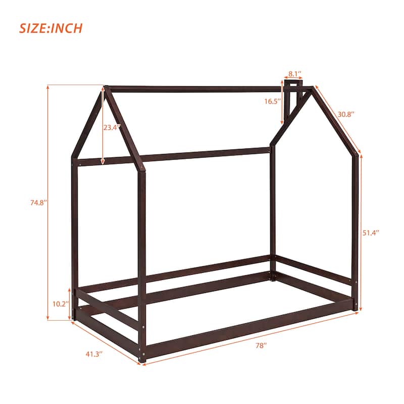 Twin/Full Size Wooden House Bed for Kids, Semi-Enclosed Playhouse Design with Roof, Perfect for Bedroom Fun and Sleep