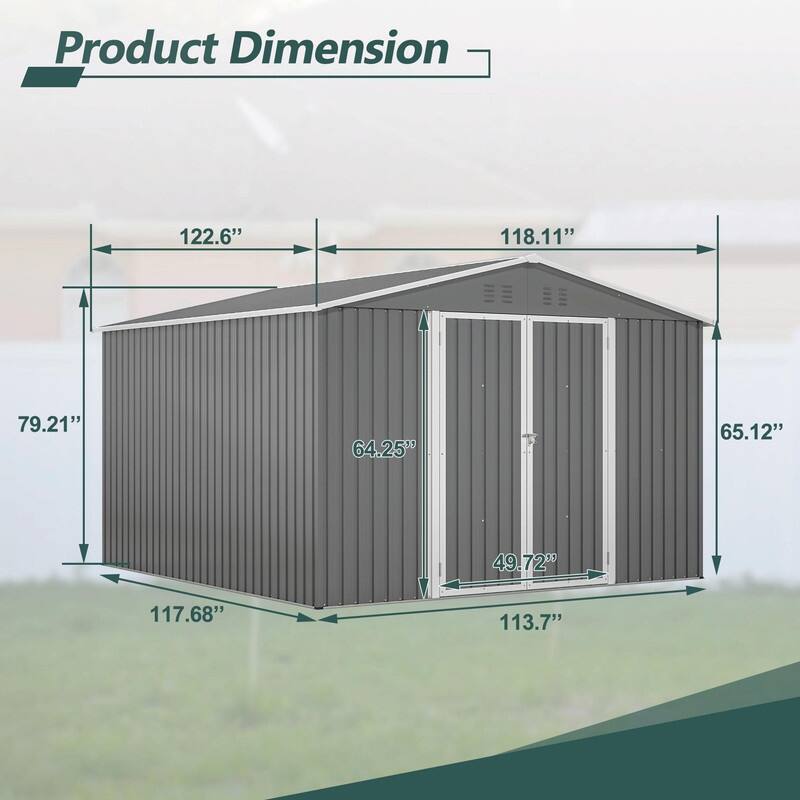 10' x 10' Outdoor Metal Storage Shed, Heavy-Duty Frame with Lockable Double Doors, All-Weather Garden Tool Shed