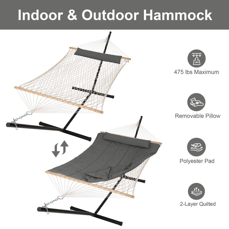 Double Hammock with Stand, Two Person Cotton Rope Hammock