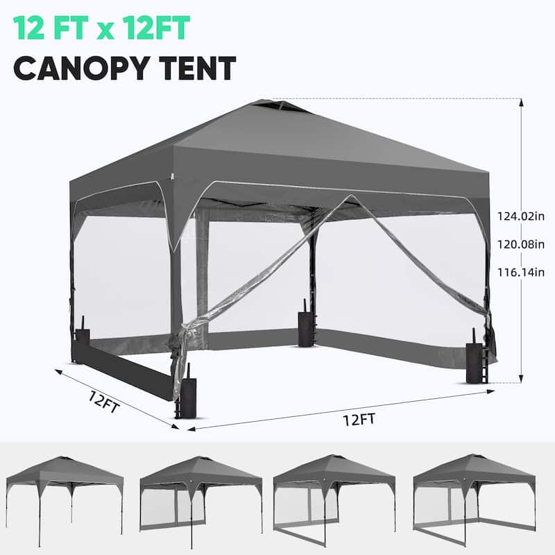 Ainfox 12x12FT Pop Up Canopy Tent with One Push Setup, Gazebo with 4 PVC Transparent Sidewalls