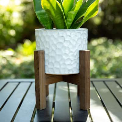 Mid-Century 5.5" Beehive Ceramic Planter on Wood Stand,Cream