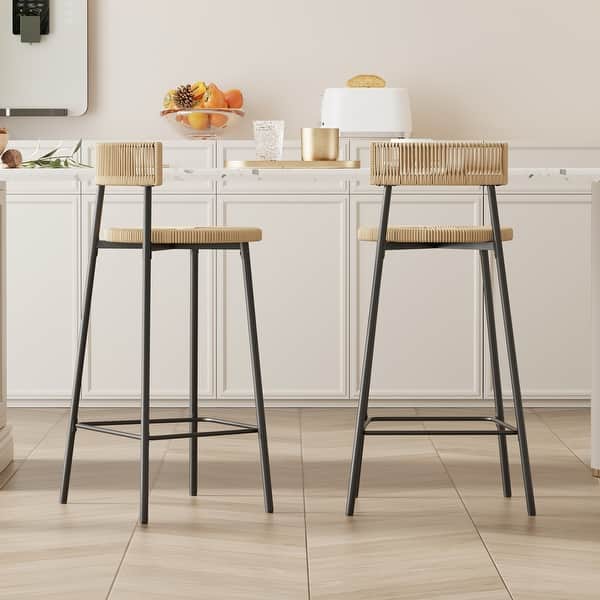 slide 2 of 30, Hand Woven Bar Stools with Back Set of 2 Paper Rope Round Barstools with Footrest for Kitchen Island & Dining Rooms Honey