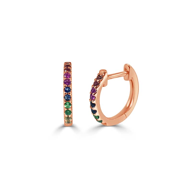 Joelle Collection Multi Sapphire Huggie Earring - 14K Gold Earrings U-Shaped Hoops With Rainbow Sapphires