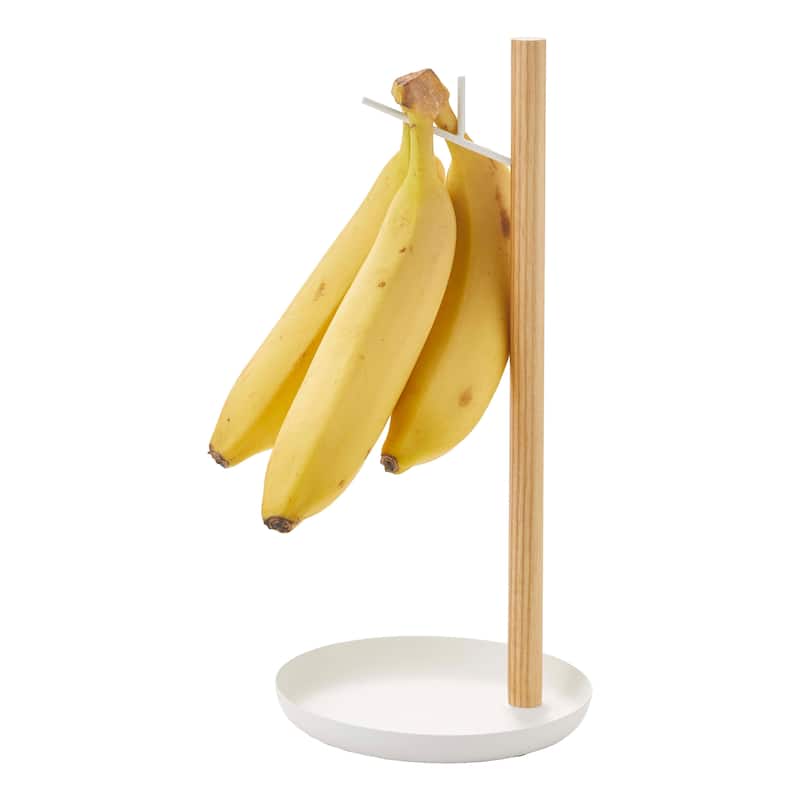 Yamazaki Home Banana Stand, Steel and Wood - L 5.12 x W 5.12 x H 11.02 inches - White - L 5.12 x W 5.12 x H  11.02 inches