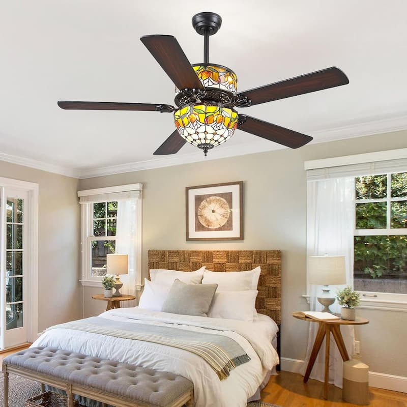50" TiffanyTropical Ceiling Fan with 5 Palm Leaf Bllades and Vintage Cover Waterproof for Indoor and Outdoor Patio
