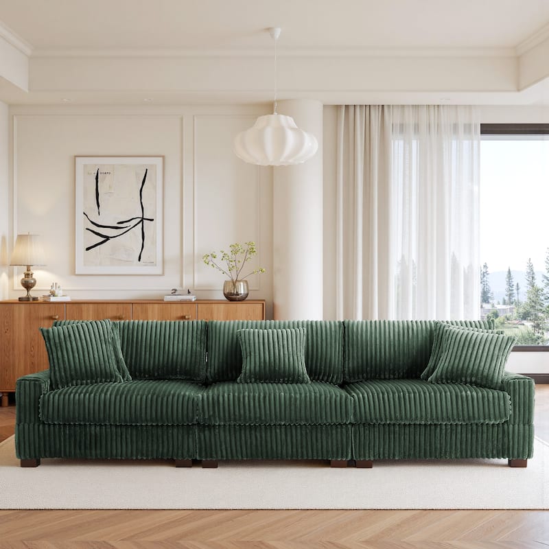 118" W Upholstered Plush Corduroy 3 Seater Sectional Sofa Couch - Green - Symmetrical