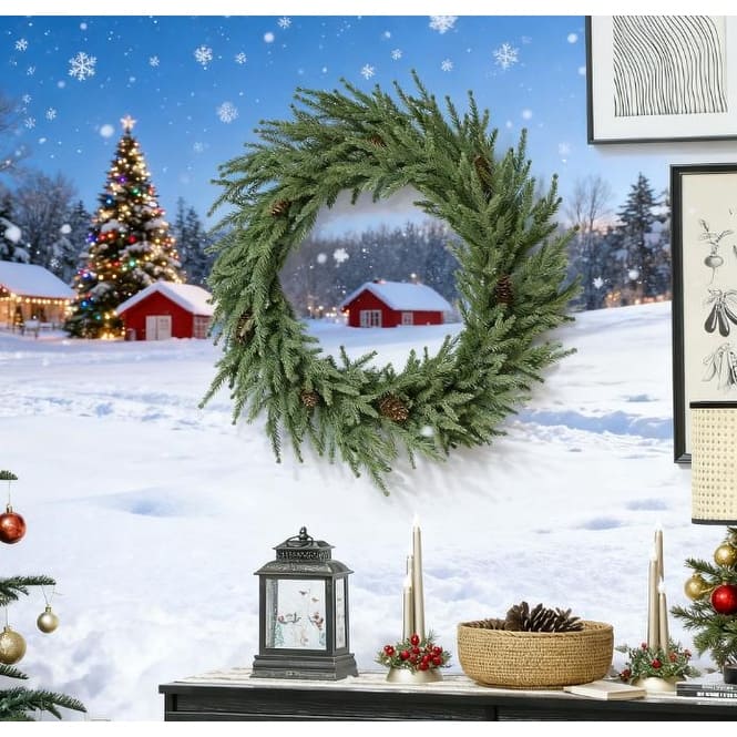 Anmytek Festive Artificial Norfolk Pine Christmas Wreath - Front Door Holiday Decor with Pine Cones
