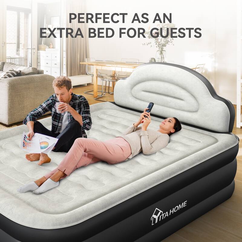 Cloud-shaped inflatable mattress with a built-in power cord, fixed pump head, and inflatable headboard