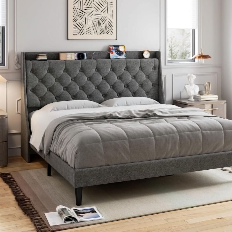 Bed Frame with Upholstered Wingback Headboard