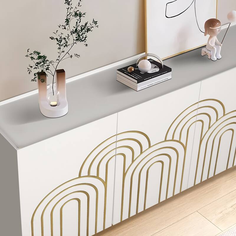 60" Modern Accent Sideboard Buffet Cabinet with Cloud Relief- White Storage Cabinet 4 Doors for Living Room Hallway