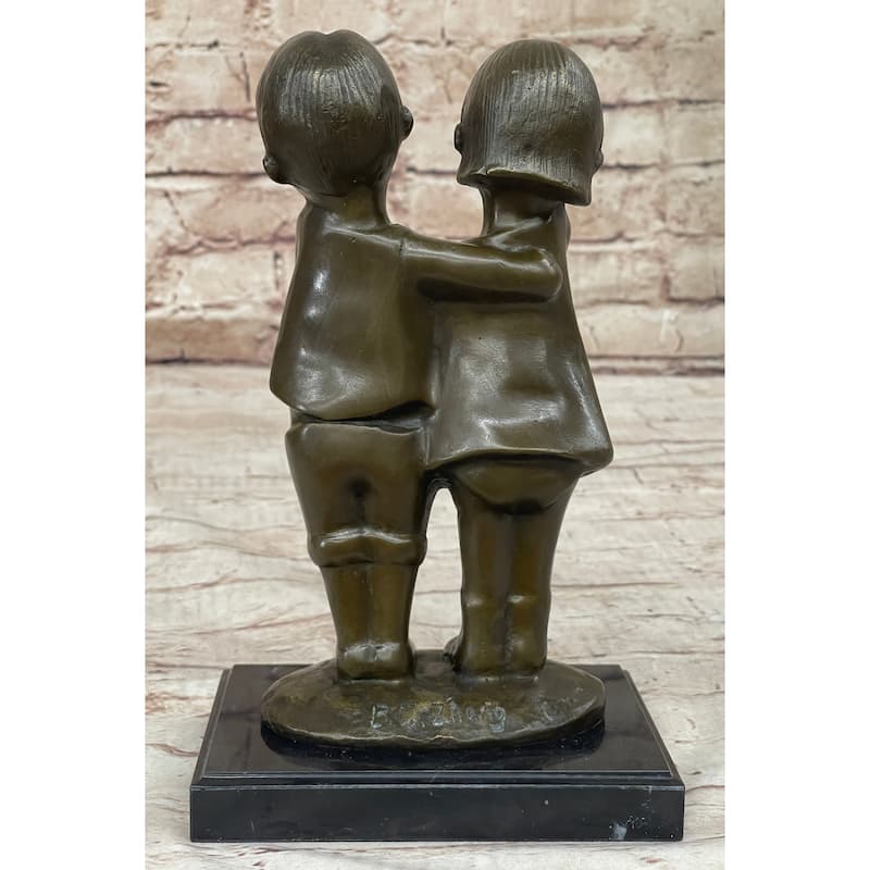 Chinese Children Brother And Sister Posing For Picture Collectible Bronze Sculpture By Zhang
