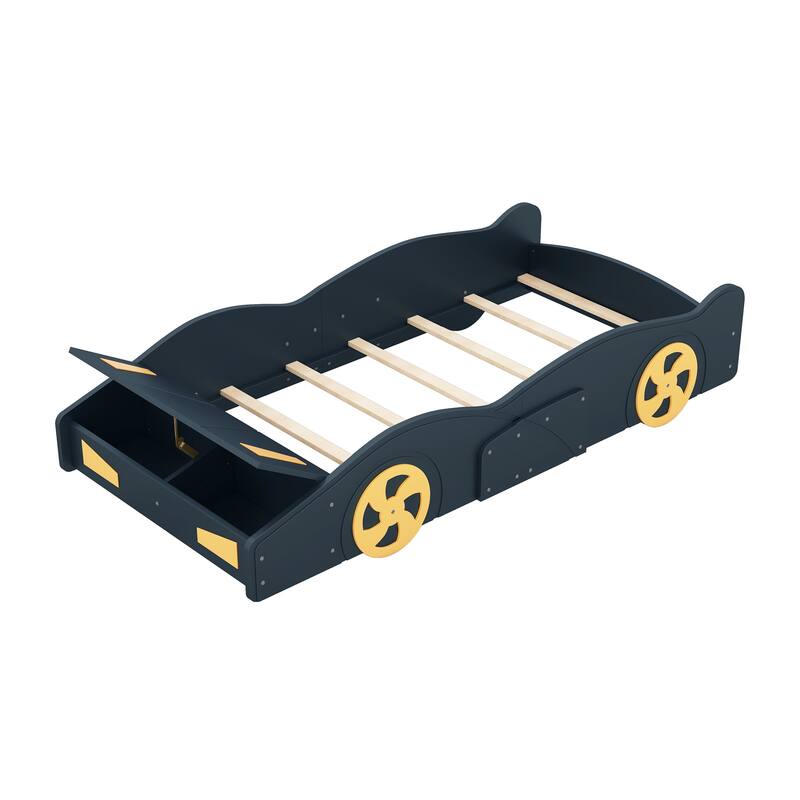 Full Race Car Bed with Storage, Wheels, and Sturdy Pine Wood Frame