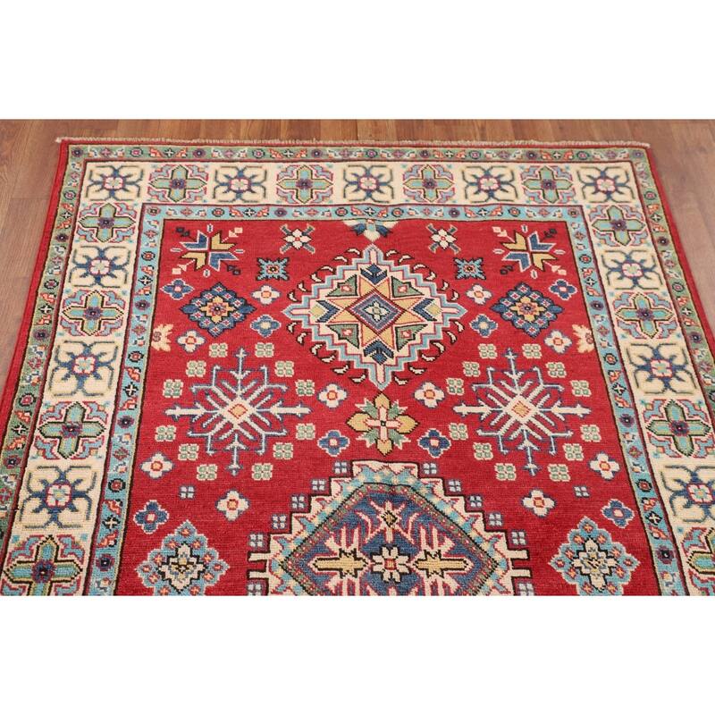 Geometric Red Kazak Oriental Area Rug Bedroom Hand-Knotted Wool Carpet - 3'11"x 6'0"
