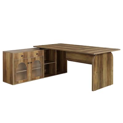 Wood L-Shaped Executive Desk with File Cabinet for Home Office
