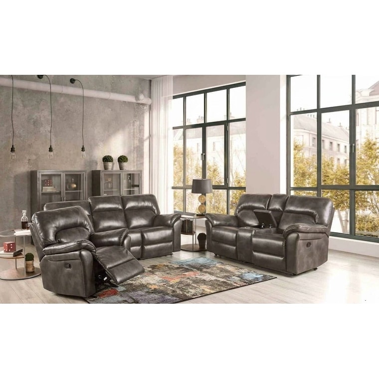 Gray Finish Manual Recliner Set Sofa Loveseat Chair Center Console