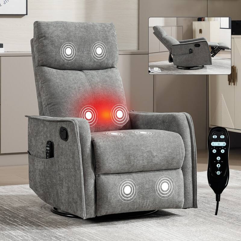 Heat Massage Manual Recliner Chair with Rocker and Swivel in Fabric for Living Room - Grey