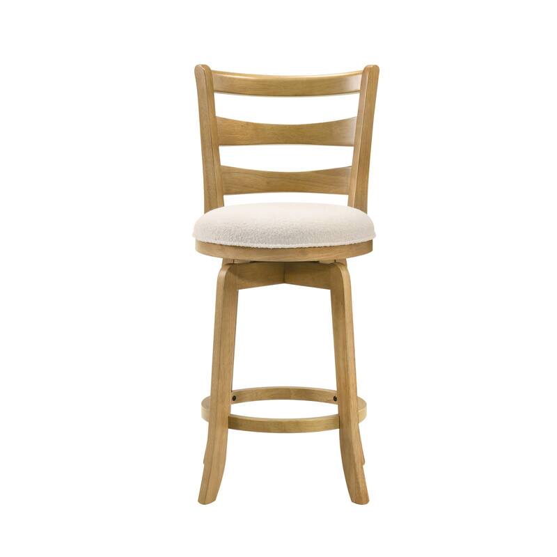 Melindra White Boucle Swivel Bar Stool, Upholstered Counter Stool with Solid Wood Legs