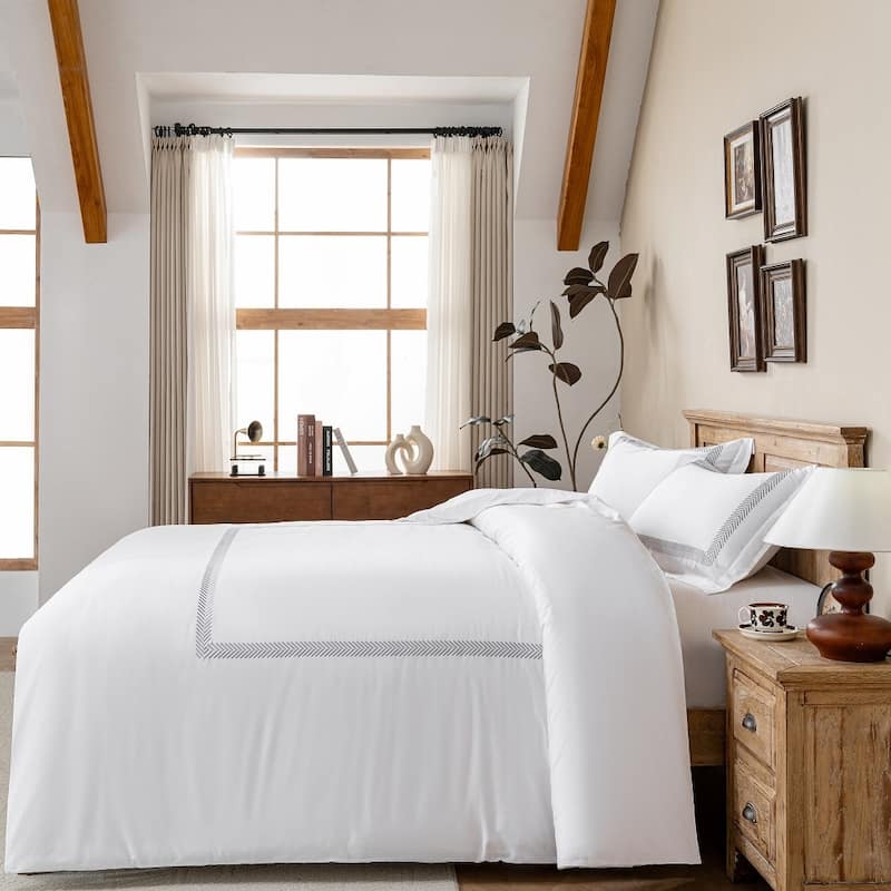 Cotton Sateen 500TC Hotel Stitch Duvet Cover Set, Herringbone Pattern
