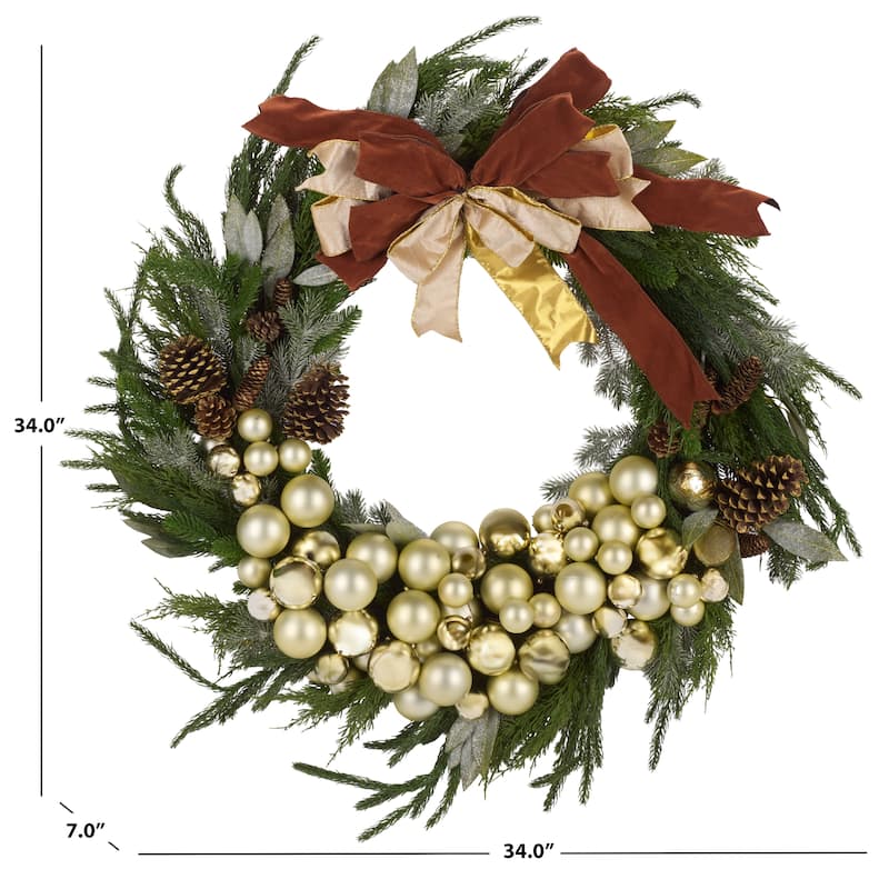 SAFAVIEH Home Faux 34-inch Pine Needle Wreath With Ornaments And Ribbon & Pine Cone
