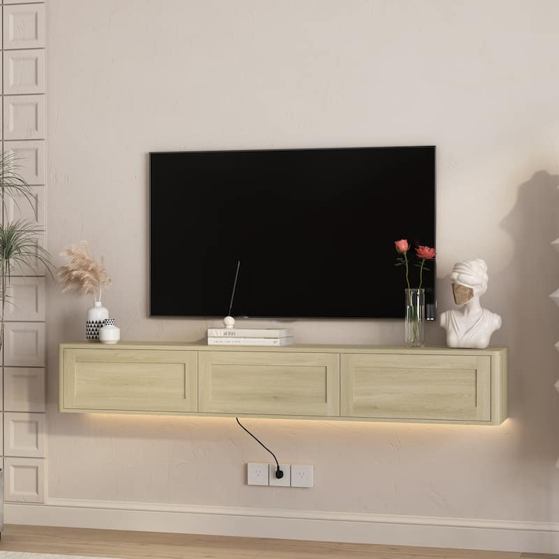 Floating TV Stand, Wall Mounted TV Shelf with Led Lights & Power Outlet,High Gloss TV Cabinet for TV Stands for Living Room