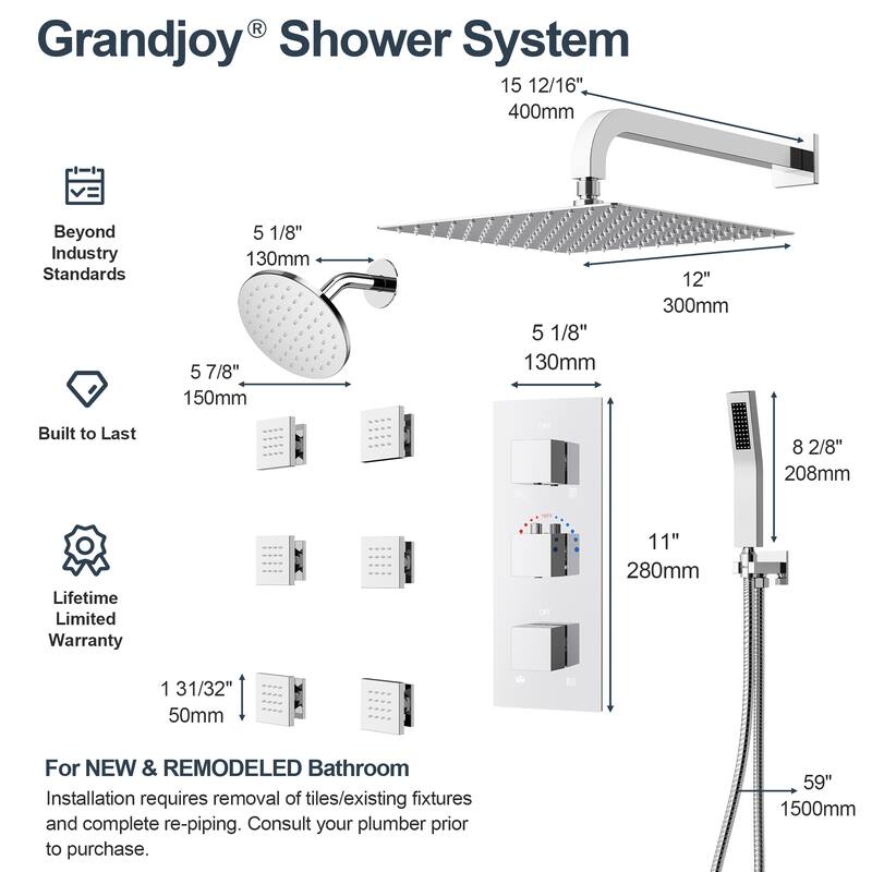 GRANDJOY 12" Wall Mounted Shower System Dual Shower Heads with 6 Body Jets