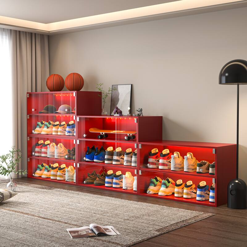 3-Tier Stackable Shoe Display Case with RGB LED Lights and Glass Doors for Sneakers Storage, Bedroom Hallway Organize Cabinet