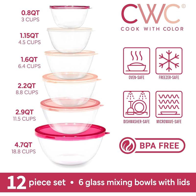 COOK WITH COLOR 12 Pc Glass Nesting Mixing Bowl Set with Lids for Cooking and Prep