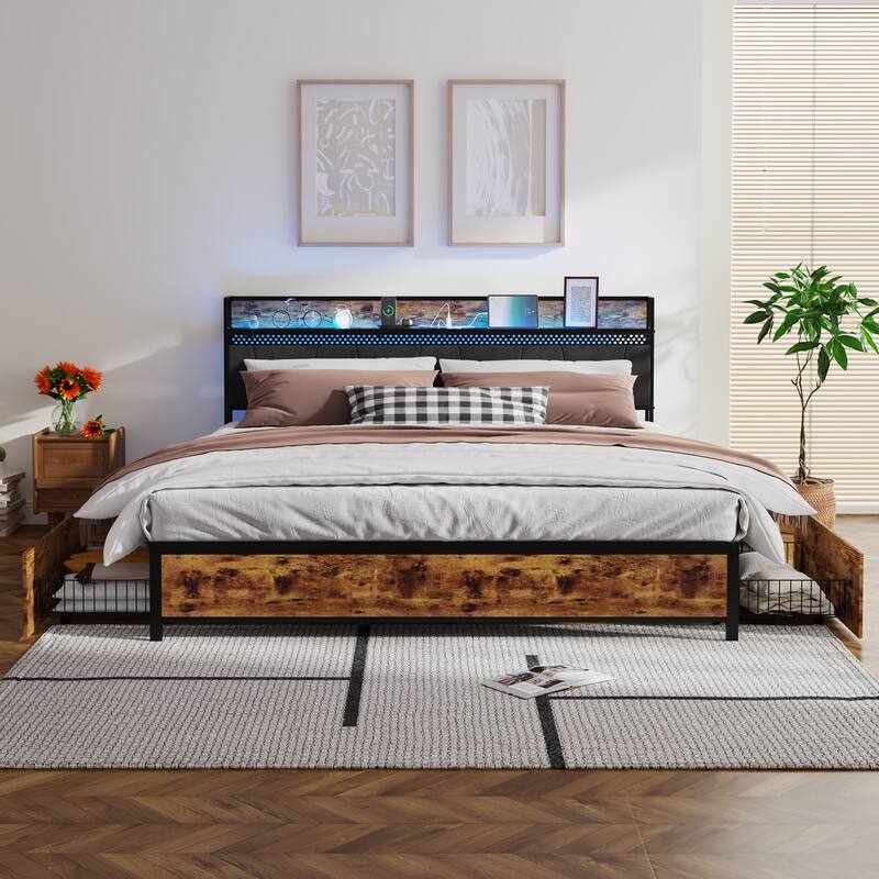Queen Size Metal Platform Bed Frame with LED RGB Headboard, 4 Rolling Storage Drawers, Built-In Charging Station - Full Brown - Queen