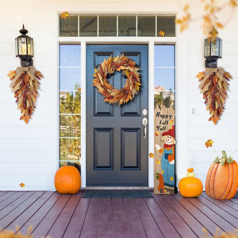 Glitzhome 26"H Fall Sunflower Pumpkin Lotus Leaf Teardrop Swag for Thanksgiving