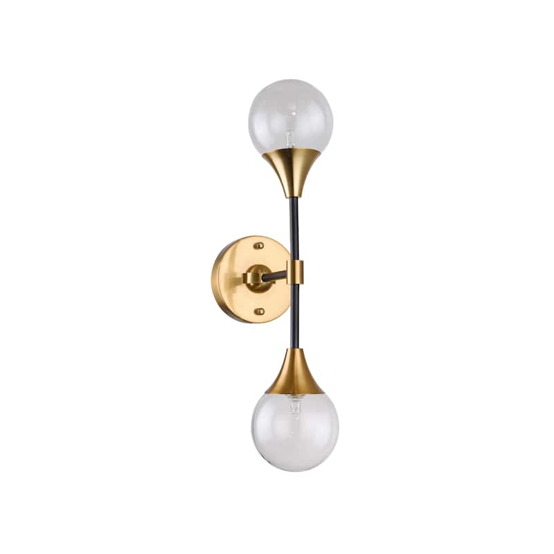 2 Light Black and Gold Metal Wall Sconces with Clear Glass Shades