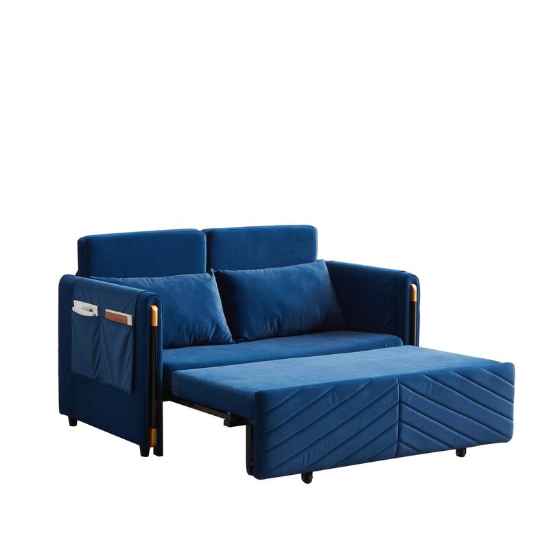 54" Velvet Pull-Out 2-Seater Sofa Bed with Adjustable Backrest & 2 Pillows